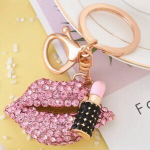 Pink Rhinestone Lips & Lipstick Keychain / Handbag Charm